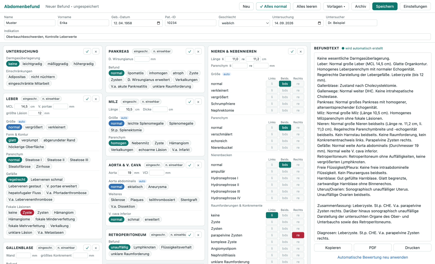 Abdomenbefund mit Organkarten und automatisch erstelltem Befundtext (Beispieldaten)