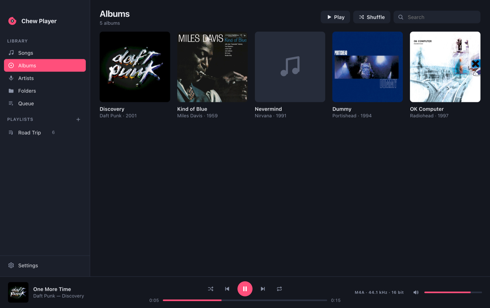 Chew Player showing an album grid with cover art