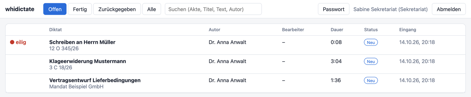 Liste der eingegangenen Diktate mit Priorität, Aktenzeichen, Autor, Dauer und Status